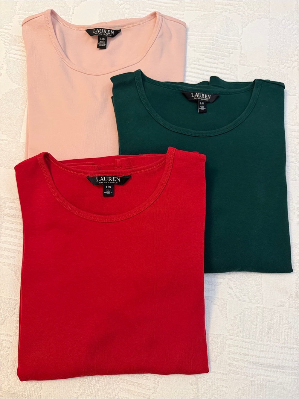 Three Ralph Lauren Long Sleeve Tees - Red, Pine Green, Pale Rose